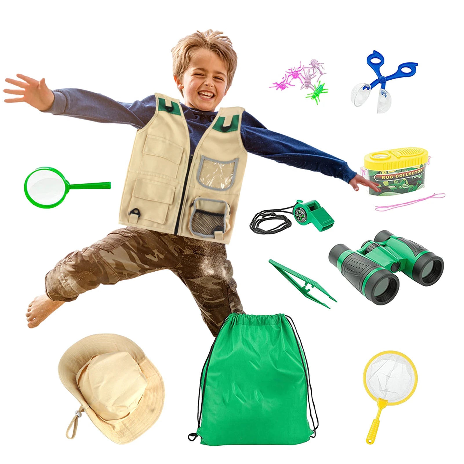 Kids Outdoor Explorer Kit Outdoor Adventure Camping Toys For Kids Cargo Vest Hat Set Explorer Costume Khaki Playing Clothes New