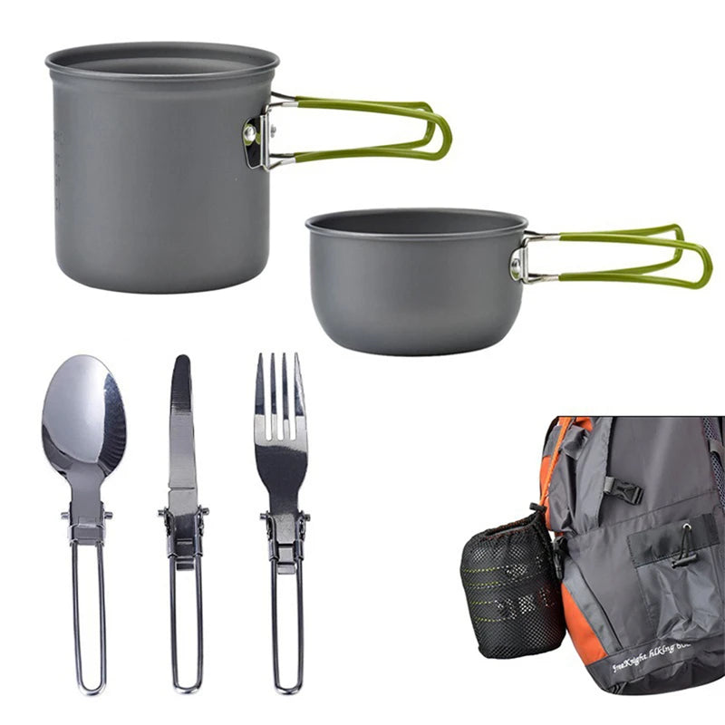 Portable Camping Cookware Set: Outdoor Pot Mini Gas Stove Sets for Nature Hike Picnic Cooking, Includes Foldable Spoon, Fork, and Knife