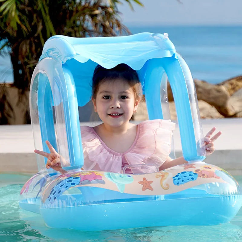 Baby Swimming Float with Sun Canopy: Toddler Inflatable Swim Ring Floaties | Pool Toys for Ages 0-3 | Float Seat for Kids' Outdoor Water Fun