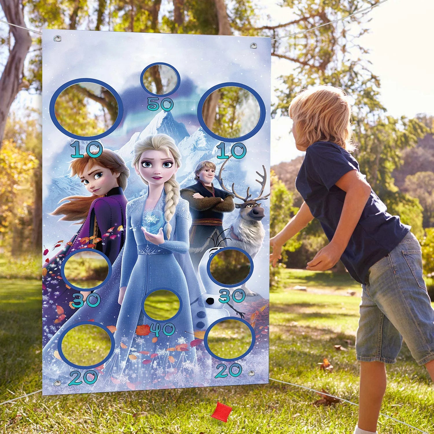 Frozen Princess Elsa & Anna Bean Bag Toss Game | Girls Outdoor Birthday Party Decoration | Hanging Game Banner Supplies