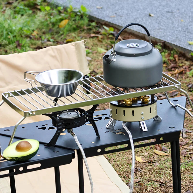 Multifunction Folding Campfire Grill Stand: Portable Tourism Camping Grill Grate, Outdoor Cookware BBQ Rack for Wood and Gas Stove