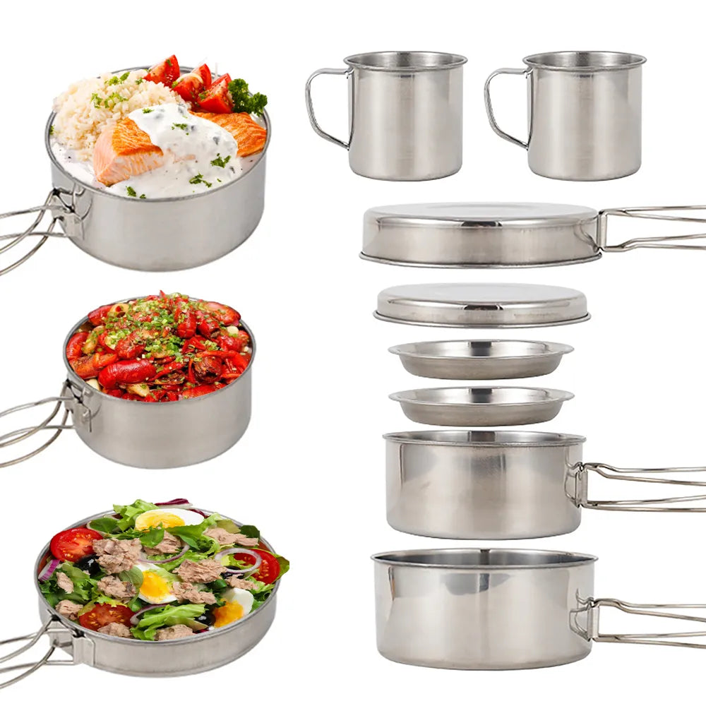 8-Piece Camping Cookware Set Stainless Steel Cooking Pot and Pan Set with Plates and Cups for Outdoor Hiking Backpacking