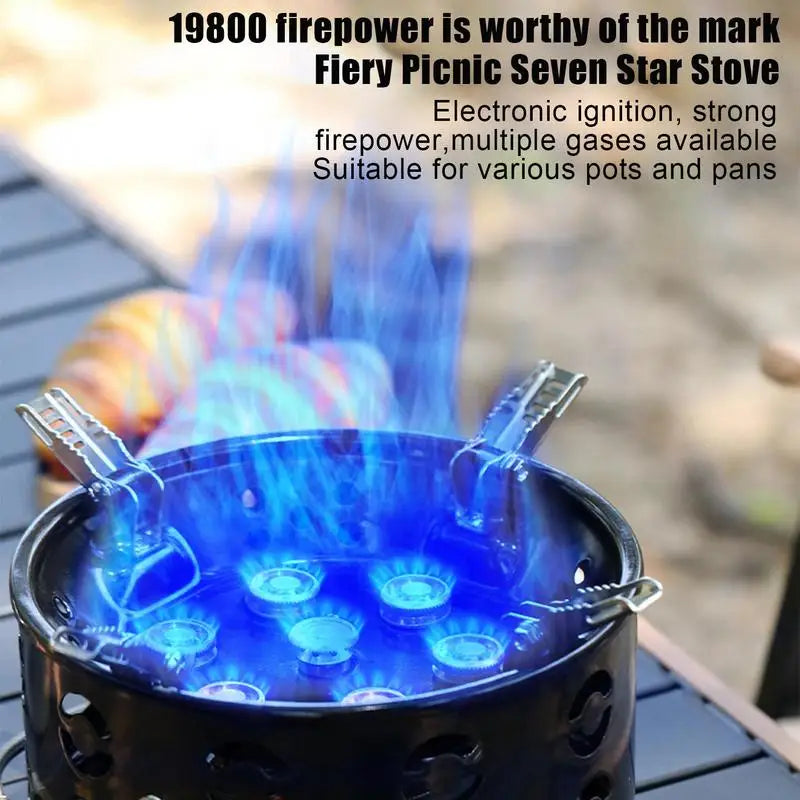 7-Core Strong Fire Camping Stove: Portable Tourist Gas Burner, 19800W Windproof Outdoor Stove for Hiking, Barbecue BBQ Cooking, Cookware
