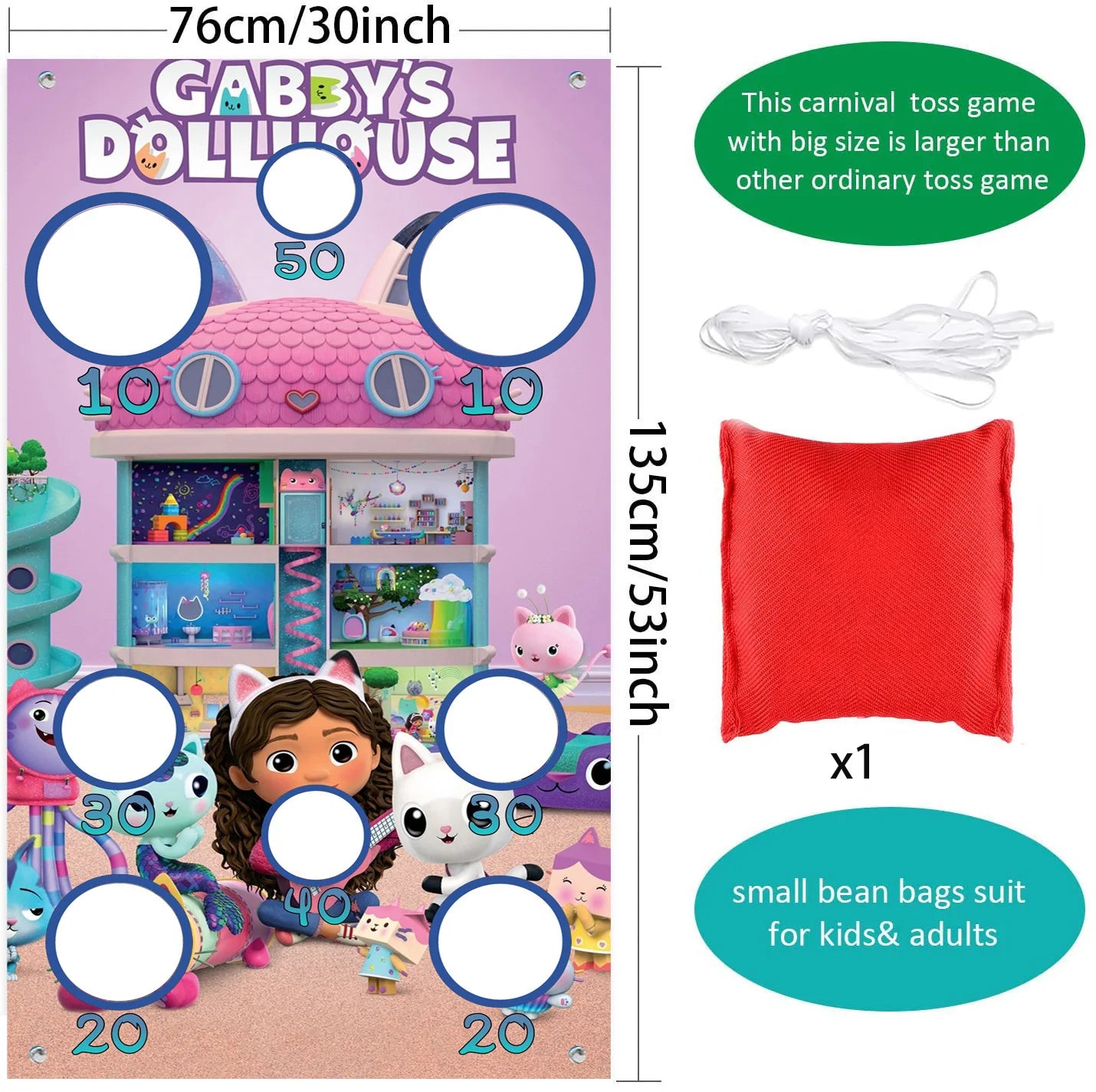 Gabby's Dollhouse Bean Bag Toss Game | Birthday Party Banner & Backdrop | Outdoor Yard Game for Boys & Girls