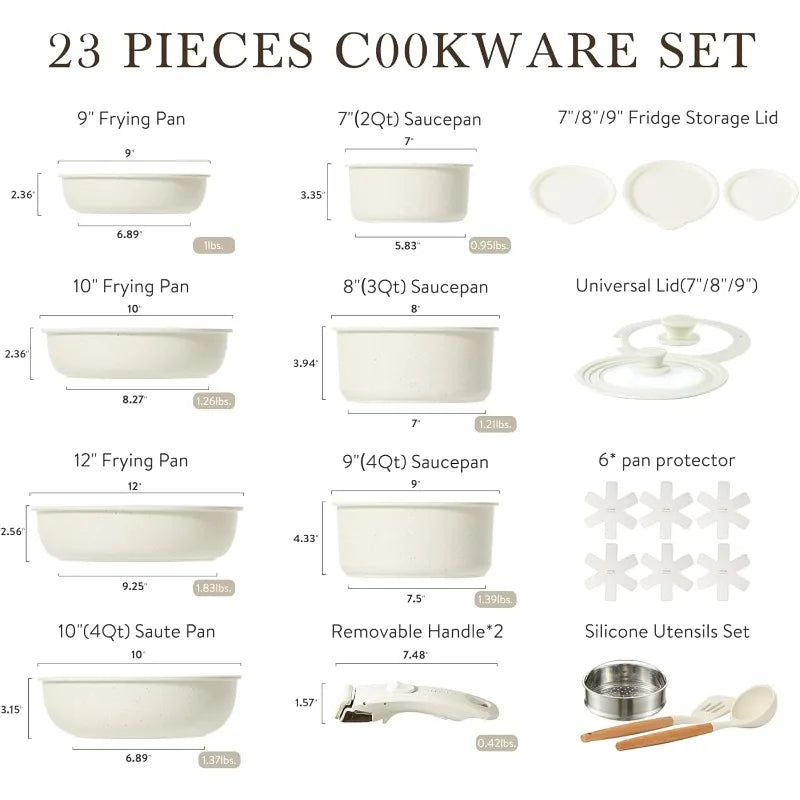 23-Piece Nonstick Cookware Set with Detachable Handles - Induction Compatible Kitchen Cookware Collection