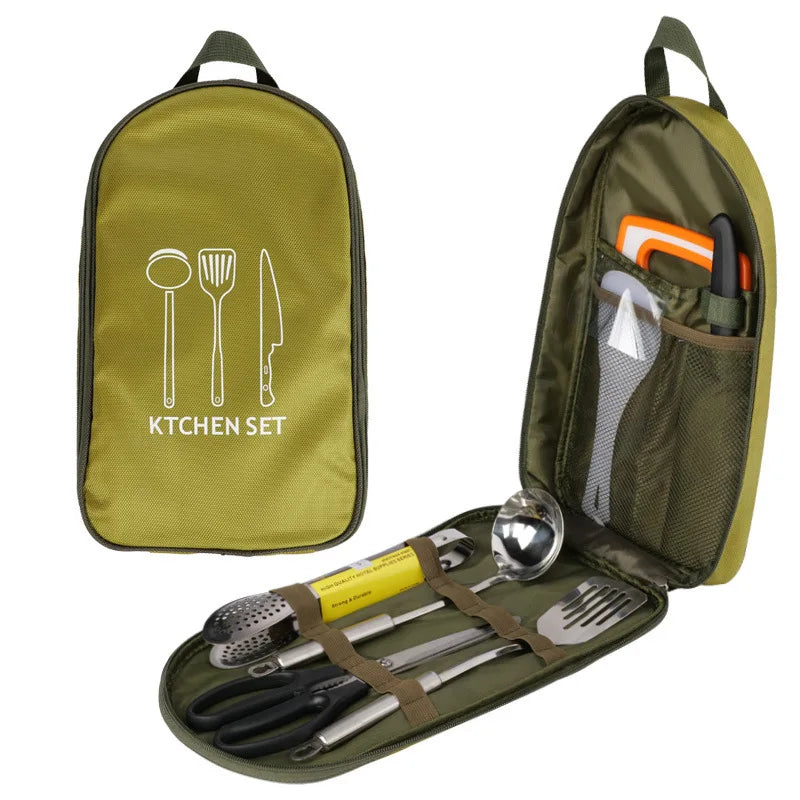9-Piece Portable Camping Cooking Set - Outdoor Cookware & Utensils Kit - Includes BBQ Accessories & Picnic Tableware for Travel