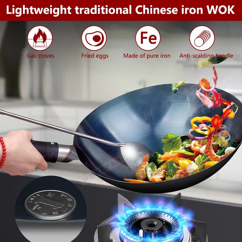 32/34cm Seasoned Blue Iron Wok, Uncoated Nonstick Pot, Lightweight Classic Chef Wok for Outdoor Kitchen Cookware on Gas Stove