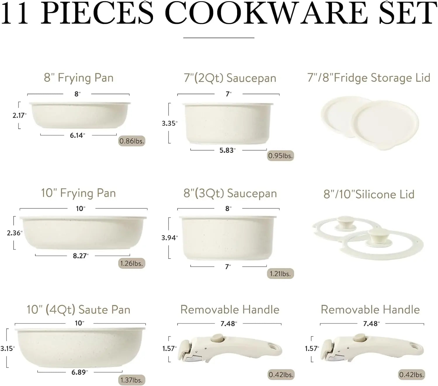 11-Piece Nonstick Cookware Set with Detachable Handles - Induction RV Kitchen Set with Removable Handle