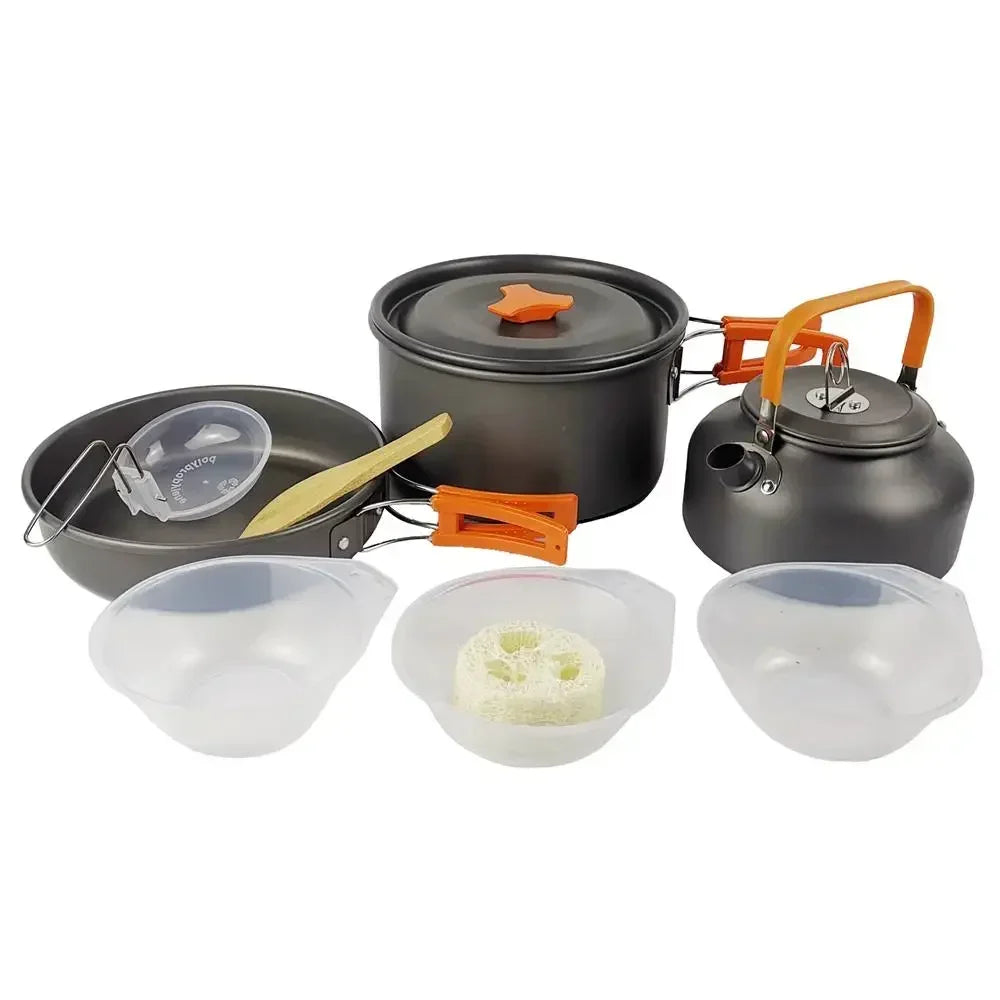 Camping Cookware Set: Aluminum Nonstick Portable Outdoor Tableware, Kettle, Pot, Cookset, Cooking Pan, Bowl for Hiking, BBQ, Picnic