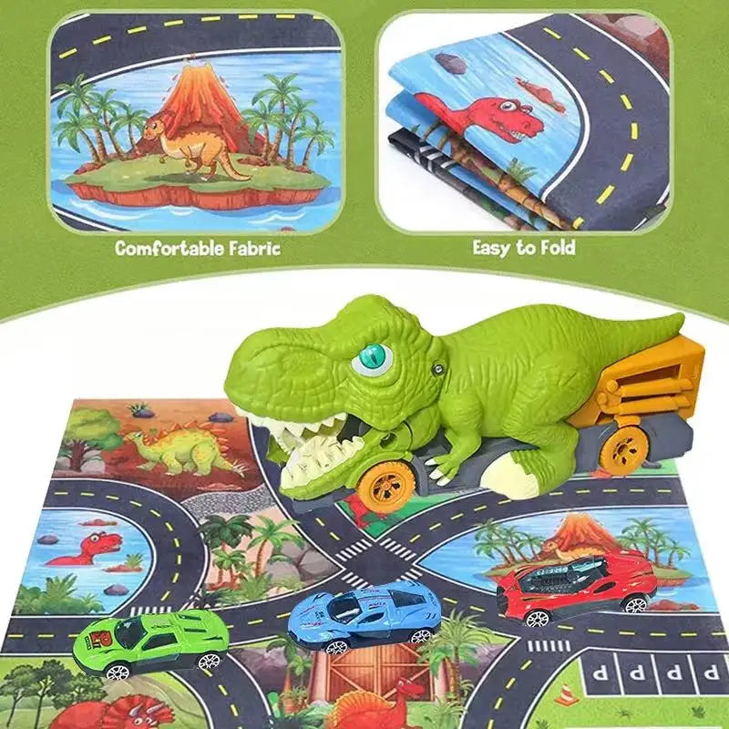 Dinosaur Car Carrier Truck Playset | Montessori Gift for Boys | Includes Racing Track & Mini Cars | New Educational Vehicle Toy Game