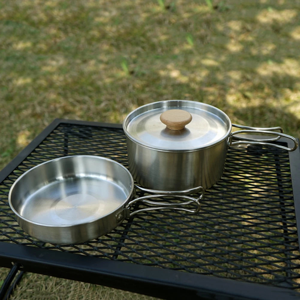 Stainless Steel Camping Cookware Set - Outdoor Portable Cooking Teapot, Picnic Tableware Kettle, Foldable Handle Soup Pot, and Frying Pan
