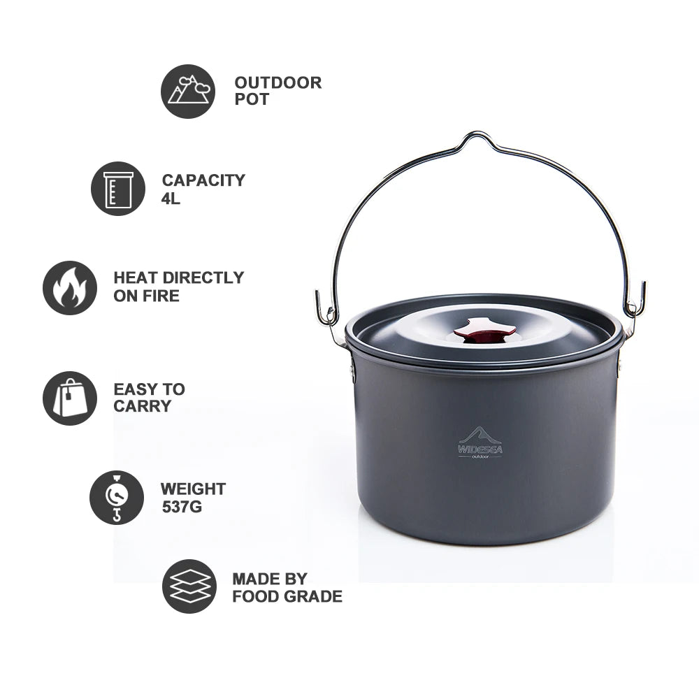 Widesea 4L Camping Hanging Pot Cookware Outdoor Bowler Tableware for 4-6 Persons Picnic Cooking, Fishing, and Kitchen Equipment
