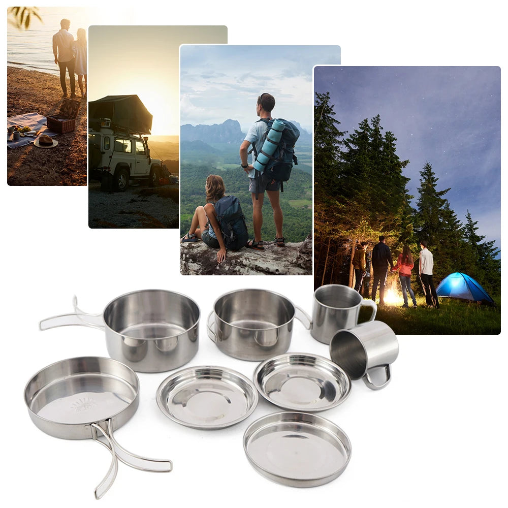 Stainless Steel Cookware Set: 8-Piece Cooking Pot and Pan Set with Plates and Cups for Outdoor Camping and Backpacking