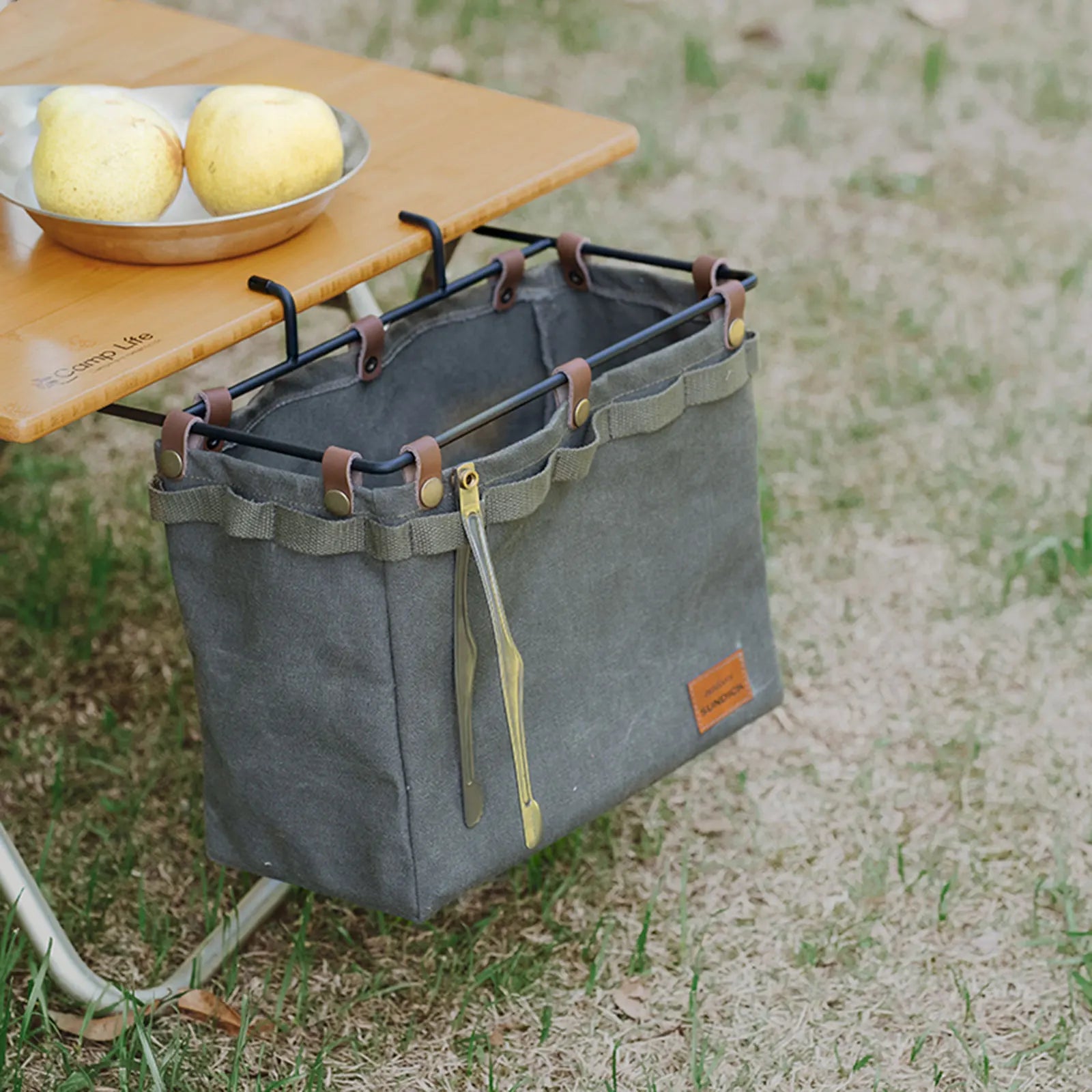Outdoor Camping Table Side Storage Bag: Multifunctional Folding Canvas Bag with Hook for Picnic Desk Cookware Organization