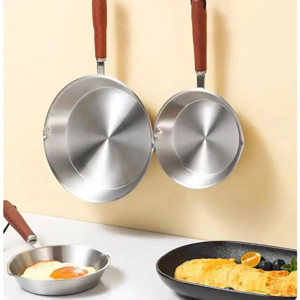 Flat Bottom 304 Stainless Steel Frying Pan with Wooden Handle, Oven Safe Omelette Pan, 12/16cm Small Cooking Pan for Kitchen Cookware