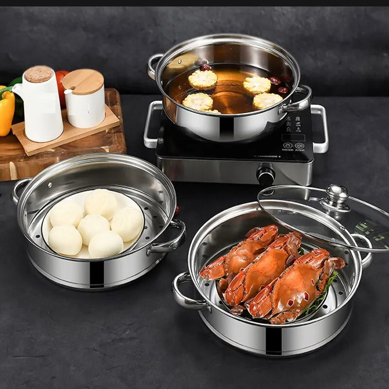 2-Tier Stainless Steel Steamer: Multilayer Pot Cookware with Tempered Glass Lid, Compatible with Gas, Electric, and Grill Stove Tops, Safe to Use